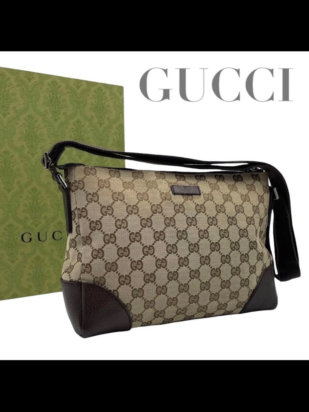 Gucci Beige Brown GG Canvas Messenger Bag with Dark Brown Trim